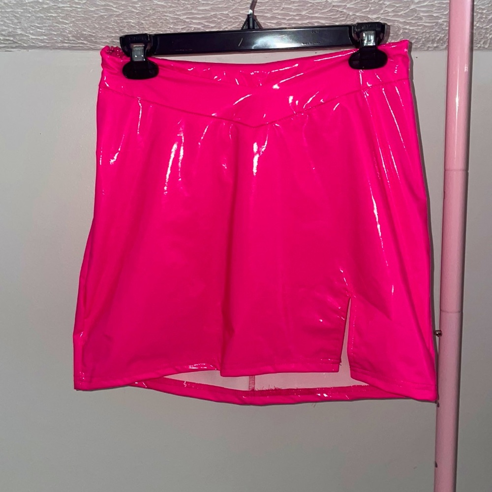 latex neon pink mini skirt